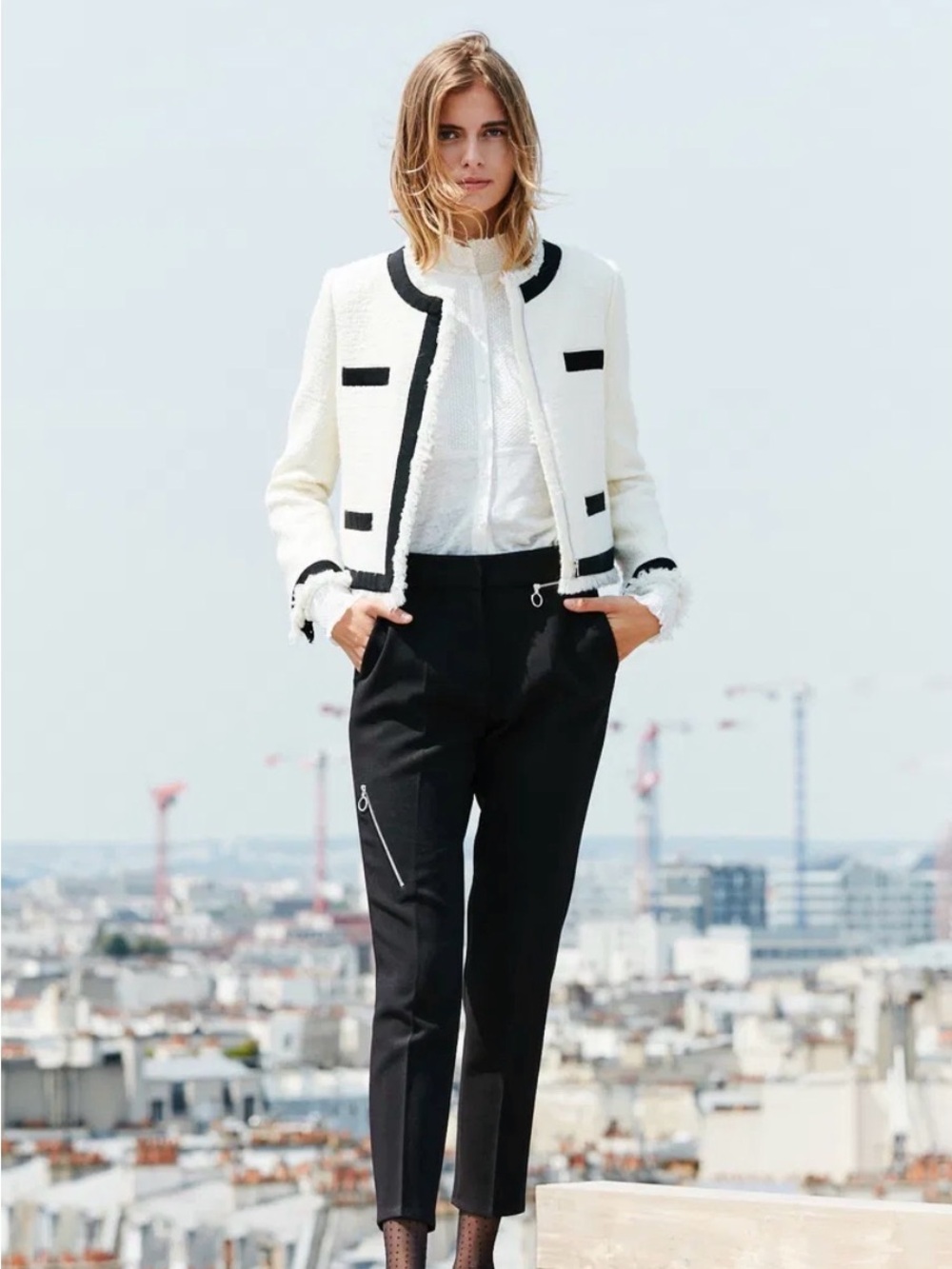 Claudie Pierlot Ivory Tweed Jacket with Black Trim